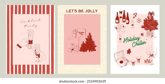 Collection of retro Christmas greeting or invitation card. Holidays poster. Food and drink. Editable vector illustration.