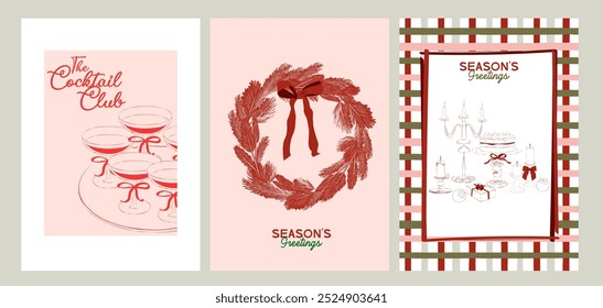 Collection of retro Christmas greeting or invitation card. Holidays poster. Food and drink. Editable vector illustration.