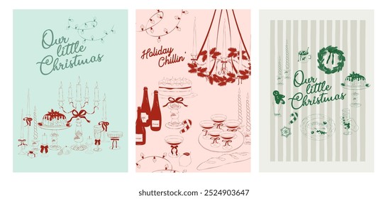 Collection of retro Christmas greeting or invitation card. Holidays poster. Food and drink. Editable vector illustration.