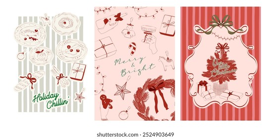 Collection of retro Christmas greeting or invitation card. Holidays poster. Food and drink. Editable vector illustration.