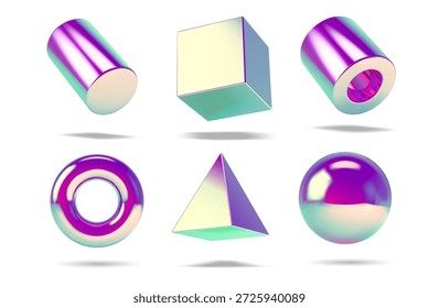 Coleção de formas vetoriais 3D cromadas retrô com brilho metálico realista e reflexões. Conjunto de objetos Y2K prata primitivo