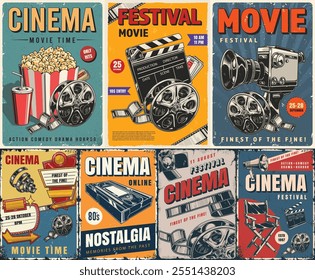 A collection of retro cinema posters promoting various film festivals. The designs showcase vibrant colors classic film reels and event details highlighting movie times and entry fees.