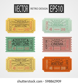 Collection retro cinema ticket. Designer vector illustration isolated on white background. Vintage texture ticket paper in old pop art style. Set of coupons.