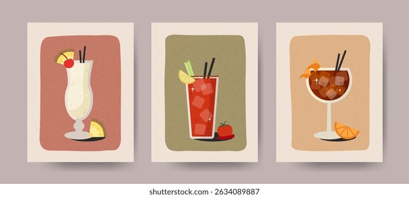 Collection of retro cocktail cards in minimalist style. Summer alcohol drinks with berries, lemon, mint, and straws. Perfect design elements for party posters, ads, menu covers, and invitations