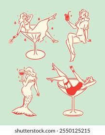 A collection of retro cocktail girl illustrations featuring vintage-inspired characters seated in glasses and holding drinks, showcasing elegance and festive charm.