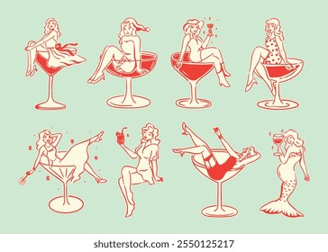 A collection of retro cocktail girl illustrations featuring vintage-inspired characters seated in glasses and holding drinks, showcasing elegance and festive charm.