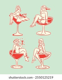 Eine Sammlung von Retro-Cocktail-Girl-Illustrationen mit Vintage-inspirierten Figuren in Gläsern sitzen und Getränke halten, präsentieren Eleganz und festlichen Charme.