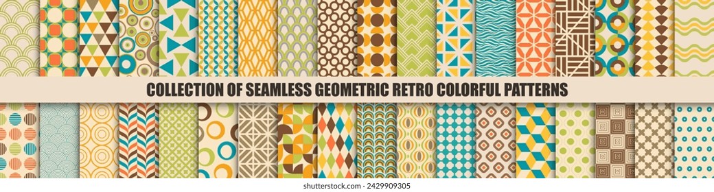 Colección de patrones sin fisuras vectoriales de color retro, diseño vintage. Fondos funky de moda, estilo moderno de moda. Impresiones brillantes creativas simples e inusuales