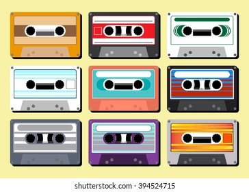 collection of retro colored cassette tapes vector illustration. old school music
