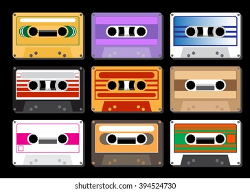 collection of retro colored cassette tapes vector illustration. old school music