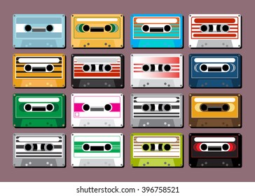 collection of retro colored cassette tapes vector illustration. old school music