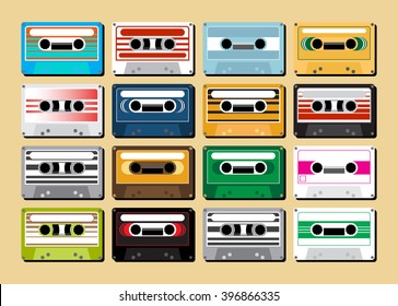 collection of retro colored cassette tapes vector illustration. old school music