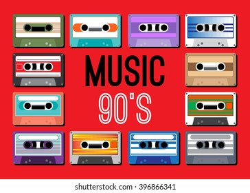 collection of retro colored cassette tapes vector illustration. old school music