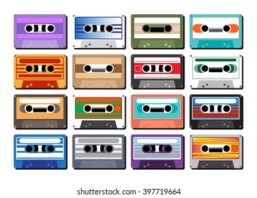 collection of retro colored cassette tapes vector illustration. old school music