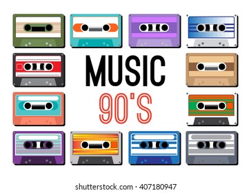 collection of retro colored cassette tapes vector illustration. old school music