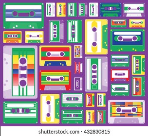 collection of retro colored cassette tapes vector illustration. old school music