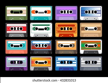 collection of retro colored cassette tapes vector illustration. old school music