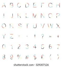 Collection of retro colored characters, numbers and symbols isolated on white background. Minimal style alphabet set with red, light brow, blue and gray colors.