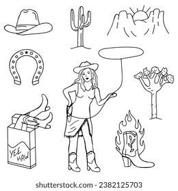 Collection of retro Cowboy coloring book elements. Cowgirl boots, joshua tree, hat, horseshoe, cactus, pack of cigarettes, landscape. Cowgirl western and wild west theme. Hand drawn vector.