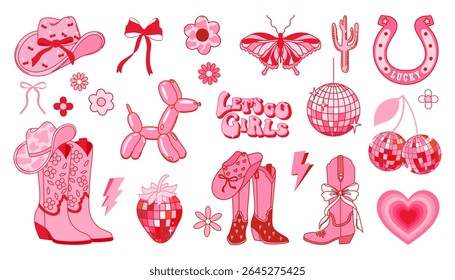 Collection of retro cowboy elements. Cowgirl boots, disco ball, cherry, balloon dog, disco strawberry, hat, horseshoe, butterfly and lettering. Cowboy western and wild west theme. Hand drawn ve