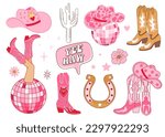 Collection of retro Cowboy fashion elements. Cowgirl boots, disco ball, hat, horseshoe, cactus and lettering. Cowboy western and wild west theme. Hand drawn vector.