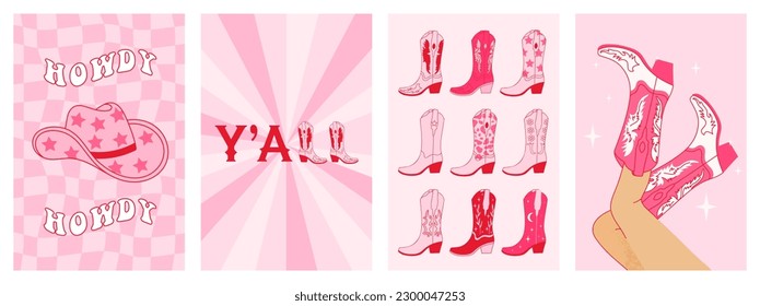 Collection of retro Cowboy fashion print with Cowgirl boots. Wall art vintage preppy set. Cowboy western and wild west theme. Hand drawn vector poster.