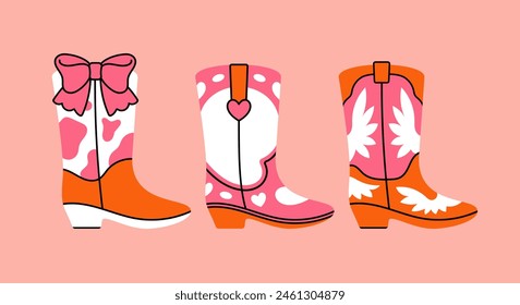 Collection of retro Cowboy fashion print with Cowgirl boots. Art vintage preppy set. Cowboy western and wild west theme. Hand drawn vector illustrartion.