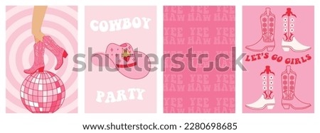 Collection of retro Cowboy fashion print with Cowgirl boots. Wall art vintage preppy set. Cowboy western and wild west theme. Hand drawn vector poster.