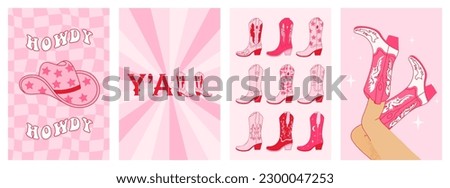 Collection of retro Cowboy fashion print with Cowgirl boots. Wall art vintage preppy set. Cowboy western and wild west theme. Hand drawn vector poster.