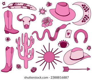 Collection of retro cowgirl elements in pink color. Cowgirl boots, hat, horseshoe, cactus, bull and other. Western and wild west theme.