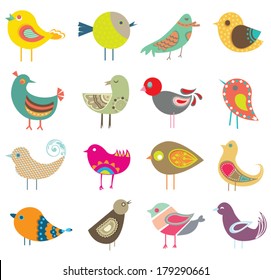 Collection of retro decorative colorful abstract birds.Intricate vector illustration design set.Cartoon.Use for scrapbook.,wallpaper, stationary,art,greeting card,backdrop,template,background.Shape