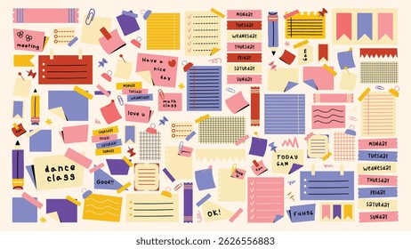 Collection of retro doodle-style paper notes and office forms — sticky reminders, notebook scraps, to-do lists, school stationery, and planner papers in vector patch set