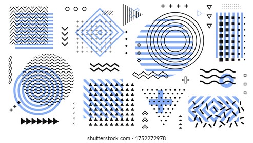 Collection of retro elements. Trendy geometric shapes pattern vector design. Memphis design for poster, banner, ad, placard, print, textile, web. 