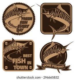 Collection of retro fishing logos with marline fish and fishing rod. Vector illustration can be used for creating logos and emblems for fishing clubs, prints, web and other crafts.