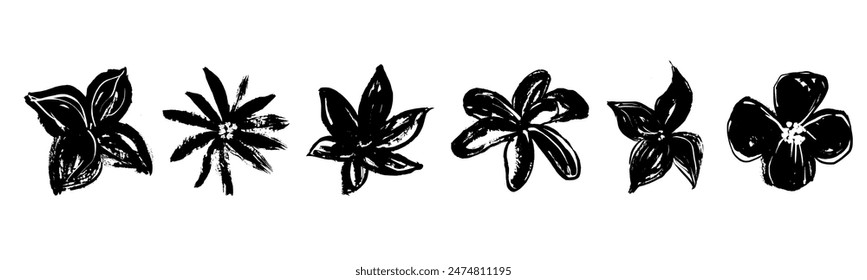 Collection of retro flower heads. Silhouettes of hand drawn artistic florals in black ink. Vintage botanical herbs