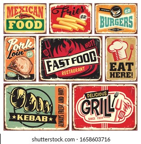 Collection of retro food restaurant signs and posters. Mexican food, burgers, French fries, kebab, fast food, grill, pork loins and eat here vintage vector billboards set.