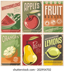 Collection of retro fruit poster designs. Vintage vector food signs set with promotional messages.