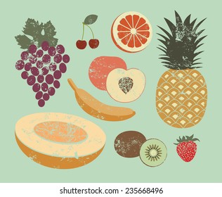 Collection of retro fruits. Vintage vector set of fruits