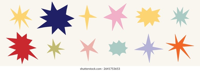 Collection of retro futuristic icons and stickers, pastel Set of stars in shape. Abstract sign design with cool glitter effect. Templates for design, posters, projects, banners	
