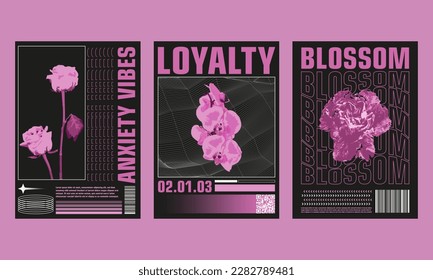 Collection of retro futuristic posters with flowers isolated on black background.Trendy brutalism style. Geometric shapes and abstract forms.Abstract design for street wear, t-shirts and sweatshirt