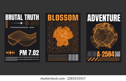 Collection of retro futuristic posters isolated on black background.Trendy brutalism style. Geometric shapes and abstract forms.Abstract print design for street wear, t-shirts and sweatshirt.Vector