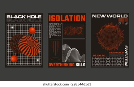 Collection of retro futuristic posters isolated on black background.Trendy brutalism style. Geometric shapes and abstract forms.Abstract print design for street wear, t-shirts and sweatshirt.Vector