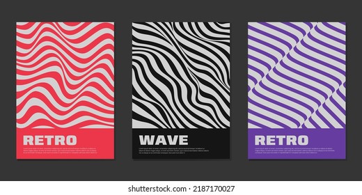 Colección de afiches retro futuristas con efecto de ilusión óptica, rayas abstractas, ondas 3d. Diseño geométrico suizo. Vector.