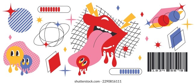 Collection of retro futuristic shapes. Design elements, lips, tongue, stars, earth, perspective grid, tunnel, circle. Vector universal trendy textured geometric set of bright bold shapes.