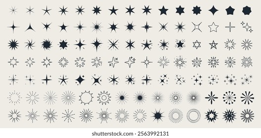 Collection of retro futuristic sparkle icon, twinkle star shape, abstract vector shine effect sign, doodle sparkling or shining flash symbol, sunburst, glitter or glowing light flare and y2k element.