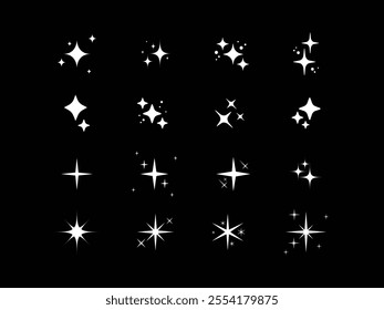 Collection of retro futuristic sparkle icons. Star shape collection. Abstract cool shining effect sign vector design. Set of sparkling sparkles, star and sun shapes.