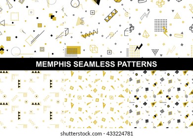 Collection of retro geometric patterns with mosaic shapes - seamless backgrounds. Retro memphis style. Fashion 1980-1990s. Luxury black - gold textures.