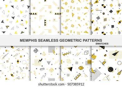 Collection of retro geometric patterns with mosaic shapes - seamless swatches. Retro memphis style. Fashion 1980-1990s. Luxury black - gold textures.