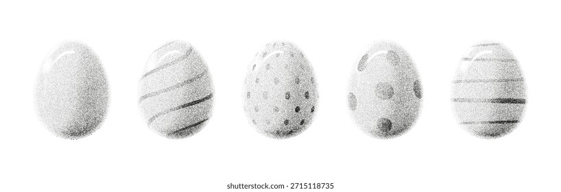 Collection of Retro Grainy Eggs. Vector Easter eggs with gritty texture for holiday banner, poster, cover design. Decorative elements with stipple effect. Eggs with rough noisy sand dotted texture.