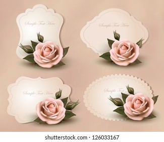 Collection of retro greeting cards with pink rose. Vector illustration.